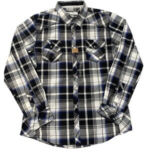 BKE Men's XL Plaid Snap Front Western Shirt Blue Black White Long Sleeve NWT